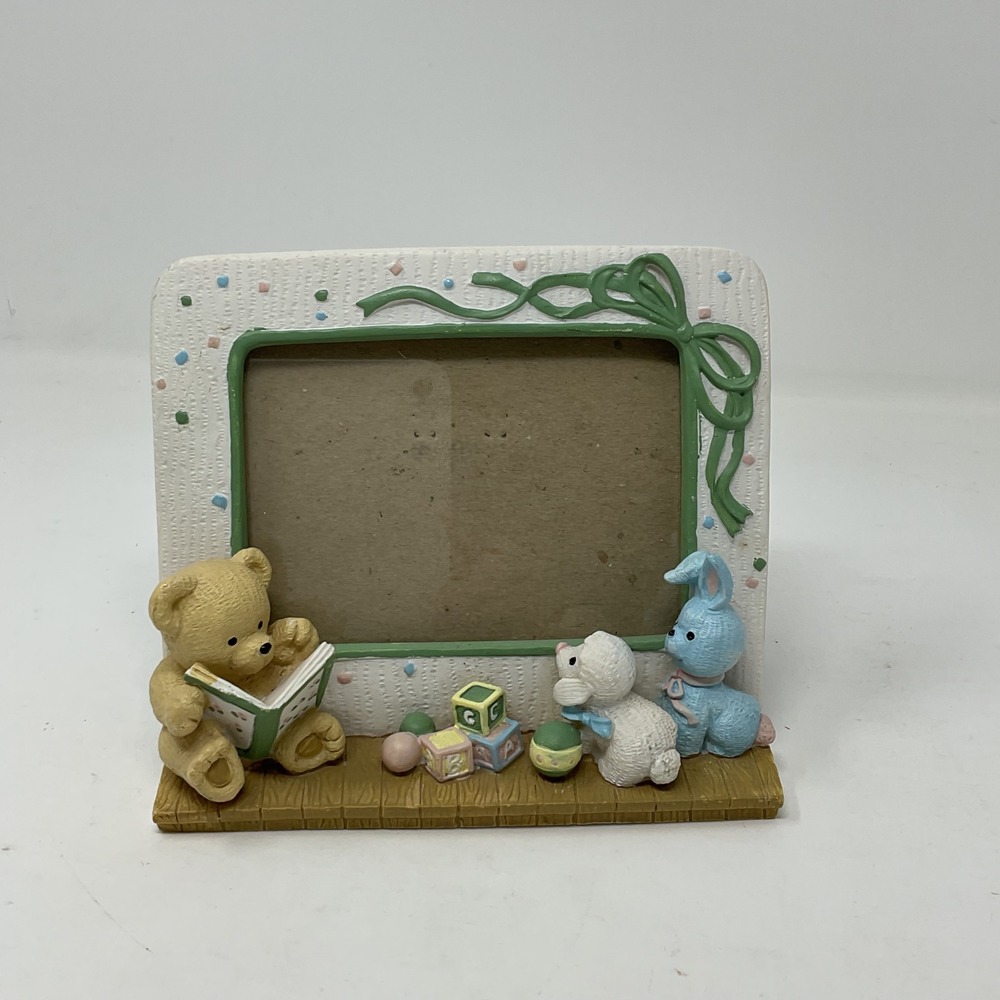 Vintage Nursery Picture Frame Teddy Bear Bunny Lamb 3D Resin 3.5x5 Pastel White